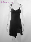 Hnewly Summer Sexy Mini Dress Women Sleeveless Strap Streetwear Backless Folds Bodycon Split Black