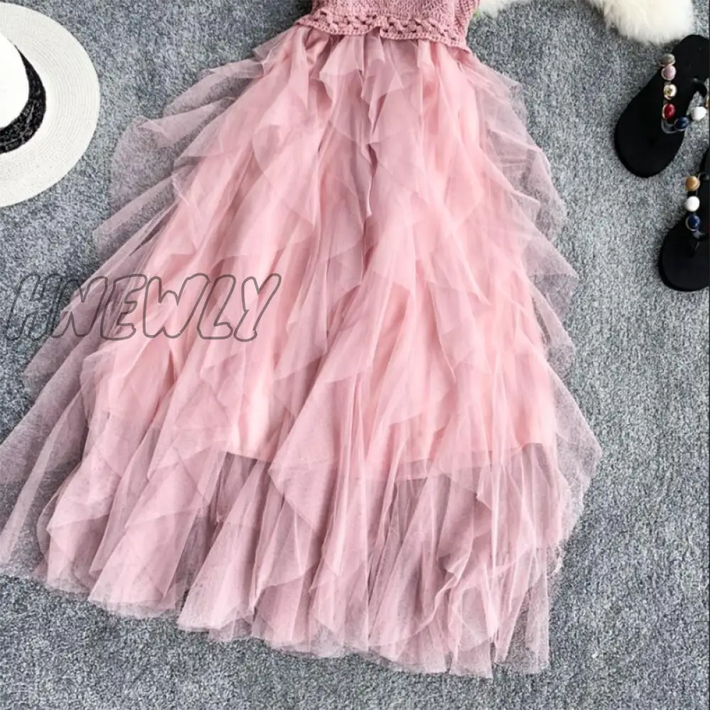 Hnewly Summer Sleeveless Sling Gauze Tulle Dress Women Knit V-Neck Sexy Backless Long Dresses Sweet