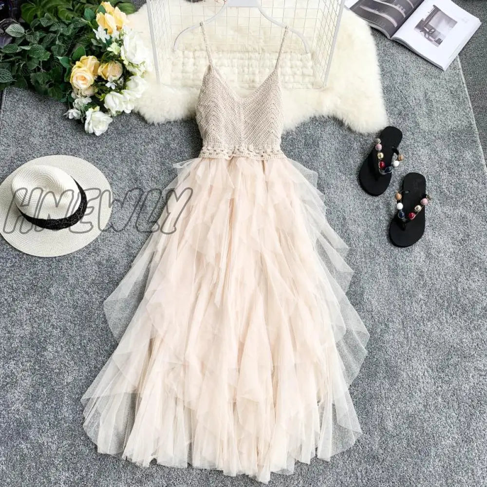 Hnewly Summer Sleeveless Sling Gauze Tulle Dress Women Knit V-Neck Sexy Backless Long Dresses Sweet