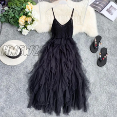 Hnewly Summer Sleeveless Sling Gauze Tulle Dress Women Knit V-Neck Sexy Backless Long Dresses Sweet