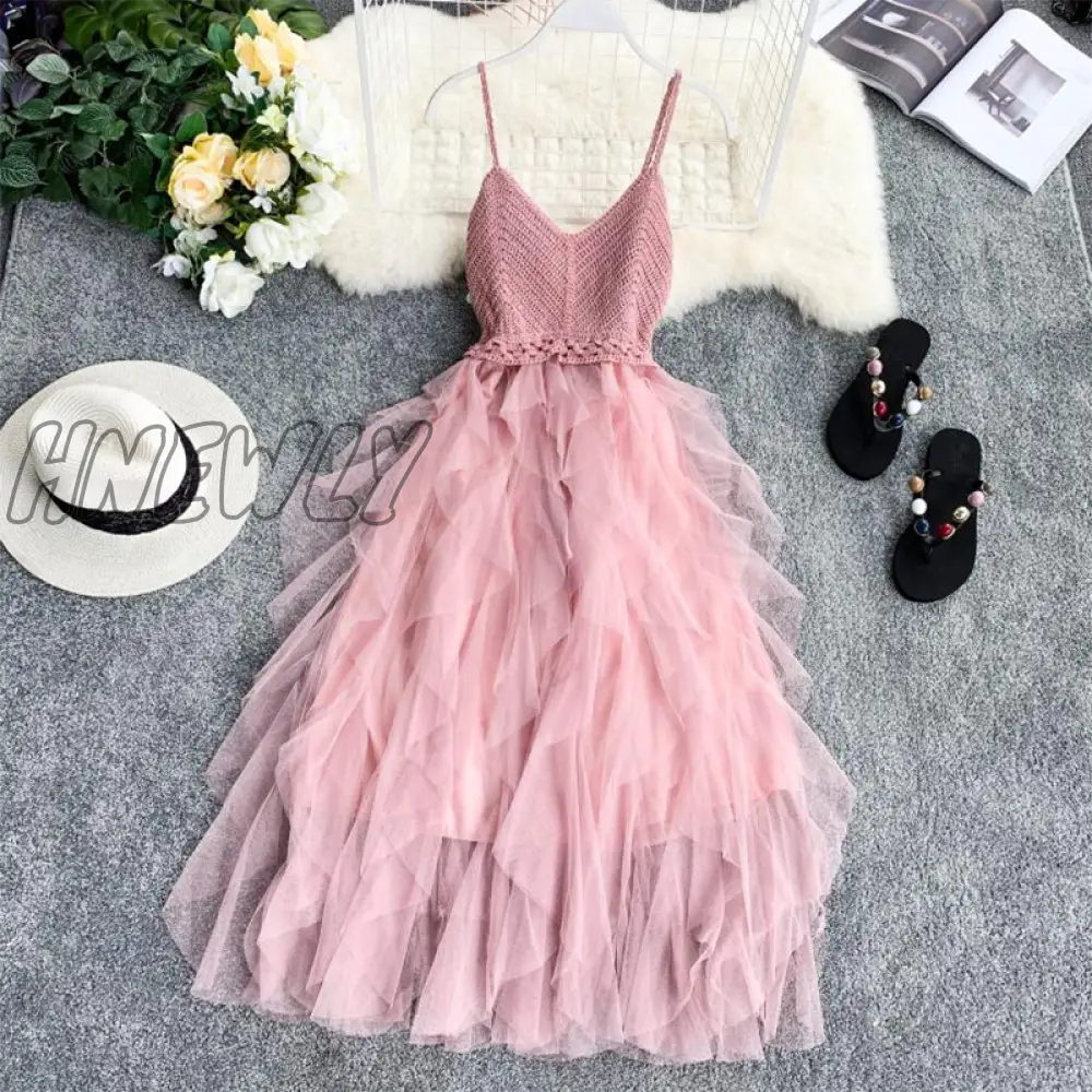 Hnewly Summer Sleeveless Sling Gauze Tulle Dress Women Knit V-Neck Sexy Backless Long Dresses Sweet