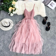 Hnewly Summer Sleeveless Sling Gauze Tulle Dress Women Knit V-Neck Sexy Backless Long Dresses Sweet