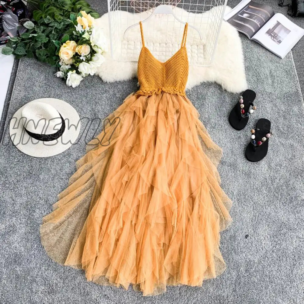 Hnewly Summer Sleeveless Sling Gauze Tulle Dress Women Knit V-Neck Sexy Backless Long Dresses Sweet