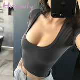 Hnewly Summer Slim Sports Vest Sexy Women Short Sleeve U-Neck Gray Tee Tank Tops Female Solid Black/White Korean Crop Tops Y2k