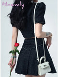 Hnewly Summer Small Fragrance Tweed 2 Piece Set Women Bow Short Jacket Coat + Pleated Skirt Suits