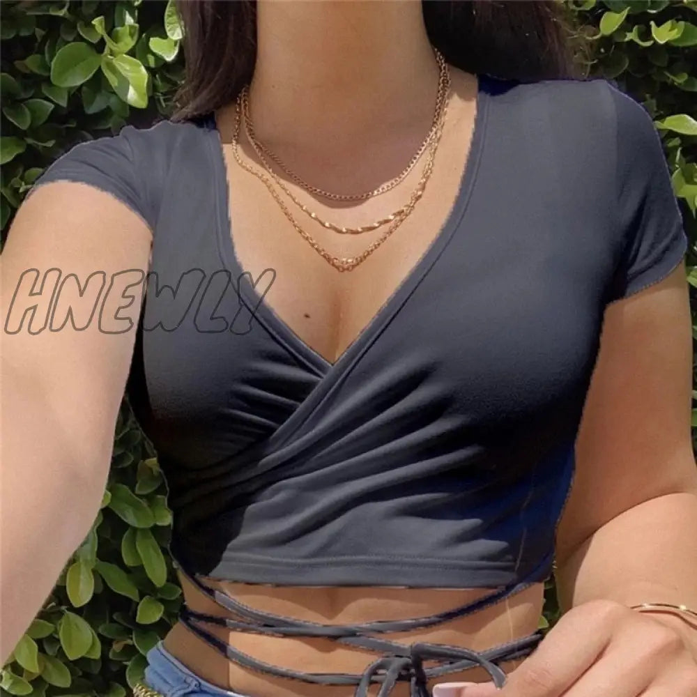 Hnewly Summer Solid V Neck T Shirts Women Short Sleeve Tops Crop Ladies Casual Tees Female White