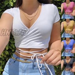 Hnewly Summer Solid V Neck T Shirts Women Short Sleeve Tops Crop Ladies Casual Tees Female White