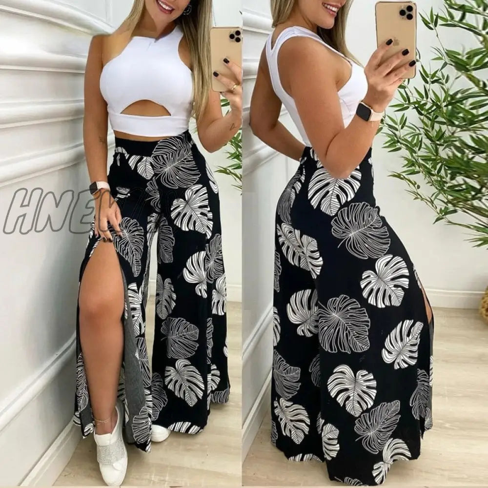Hnewly Summer Suit Women Solid Cut-Out Tank Top & Tropical Print Split Wide Leg Pants Set 1 / S