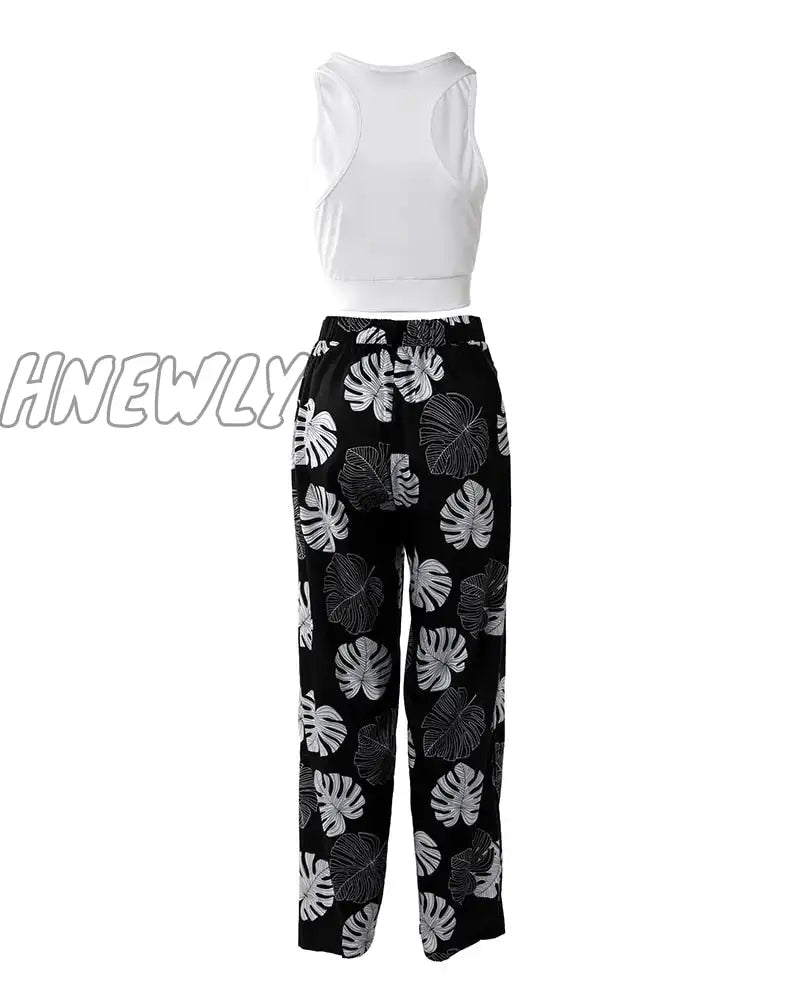 Hnewly Summer Suit Women Solid Cut-Out Tank Top & Tropical Print Split Wide Leg Pants Set