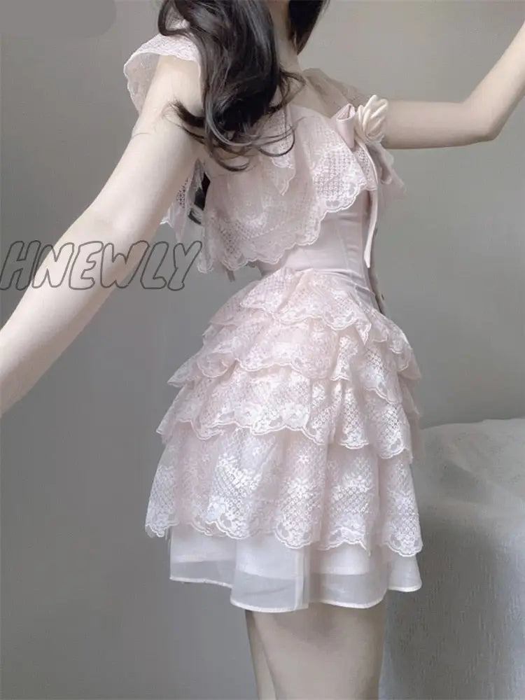 Hnewly Summer Sweet Pink Lolita Princess Mini Dress Women Kawaii Lace Ruffles Flying Sleeve Flower