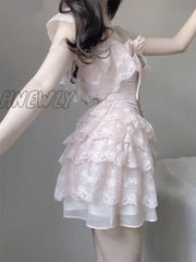 Hnewly Summer Sweet Pink Lolita Princess Mini Dress Women Kawaii Lace Ruffles Flying Sleeve Flower
