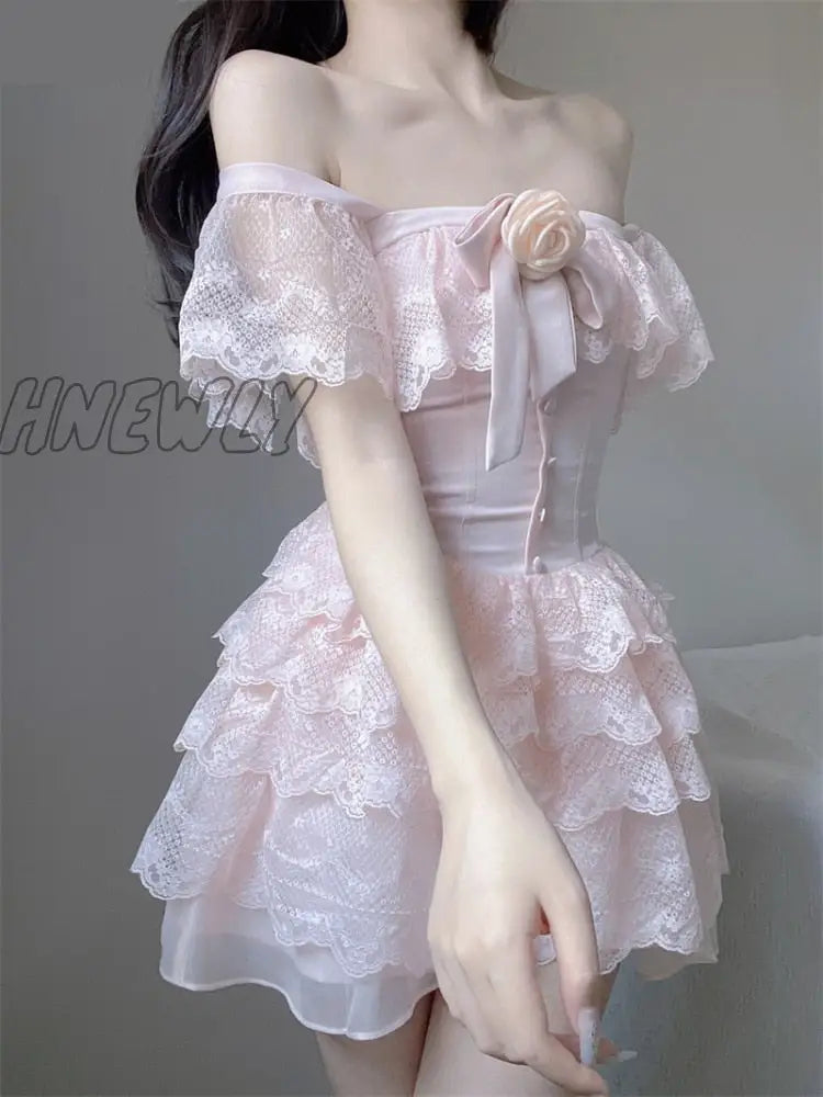 Hnewly Summer Sweet Pink Lolita Princess Mini Dress Women Kawaii Lace Ruffles Flying Sleeve Flower