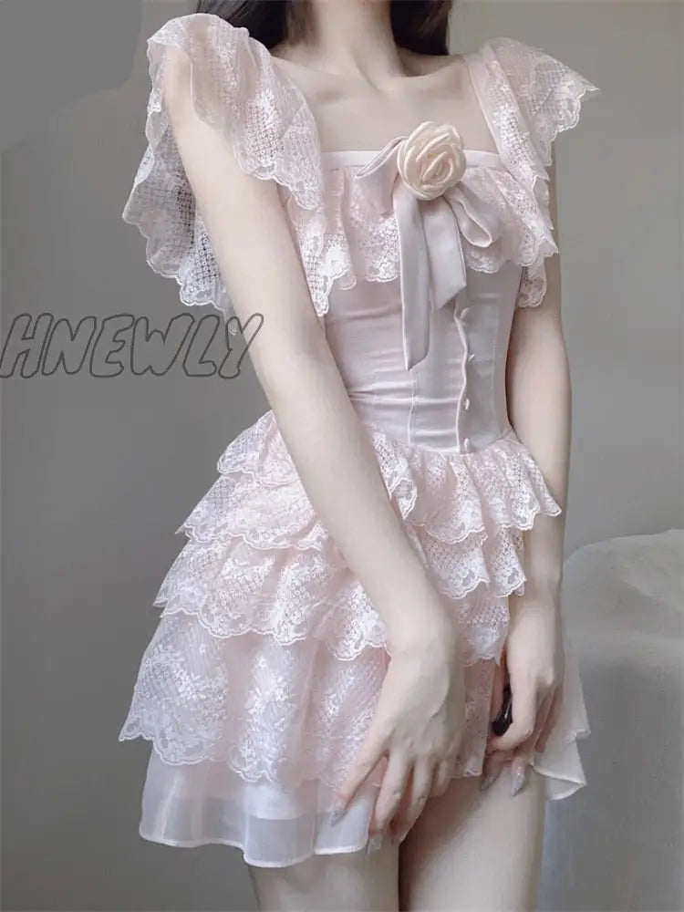 Hnewly Summer Sweet Pink Lolita Princess Mini Dress Women Kawaii Lace Ruffles Flying Sleeve Flower