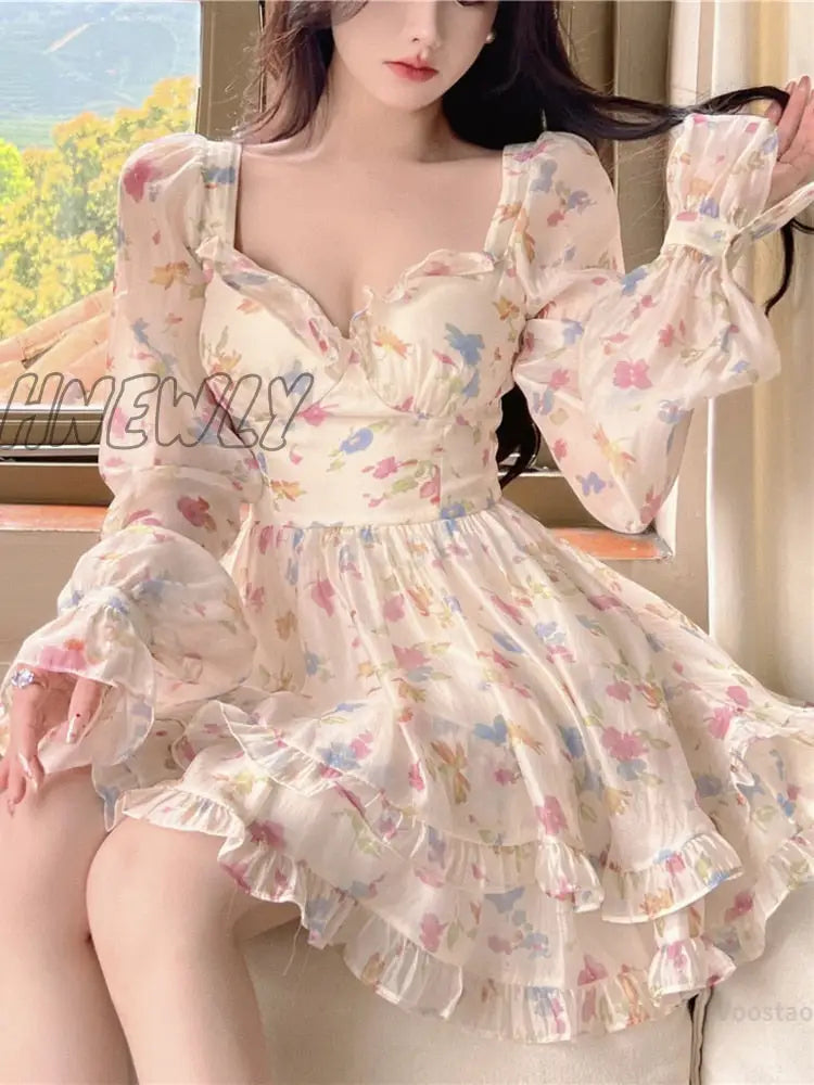Hnewly Summer Sweet V-Neck Floral Chiffon Dress Women Elegant Long Sleeve Ruffles Party Mini
