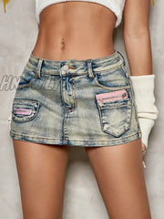 Hnewly Summer Trend Female Fashion Shorts Zip Detail Colorblock Patched Pocket Mini Mid Waist Denim