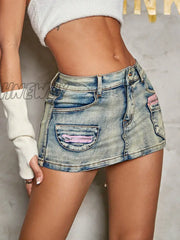 Hnewly Summer Trend Female Fashion Shorts Zip Detail Colorblock Patched Pocket Mini Mid Waist Denim