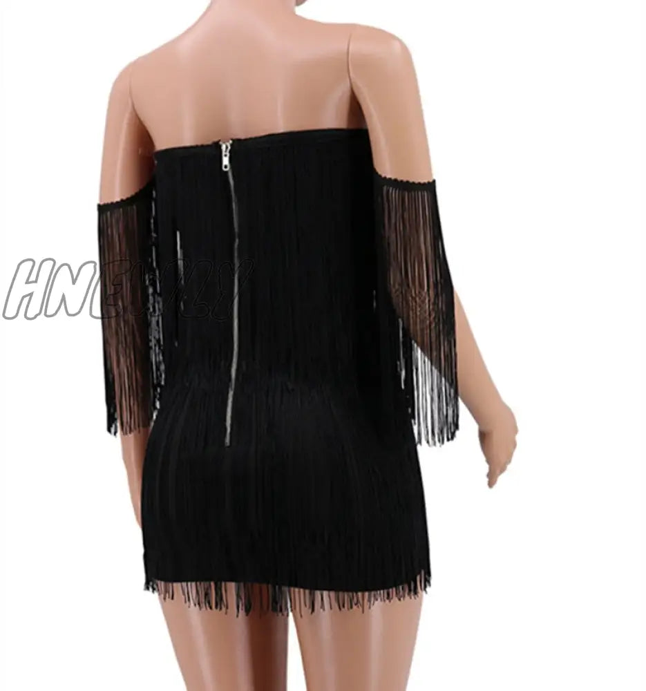 Hnewly Summer Women Bandage Dress Elegant Club Party Sexy V Neck Off Shoulder Tassel Mini Fringe
