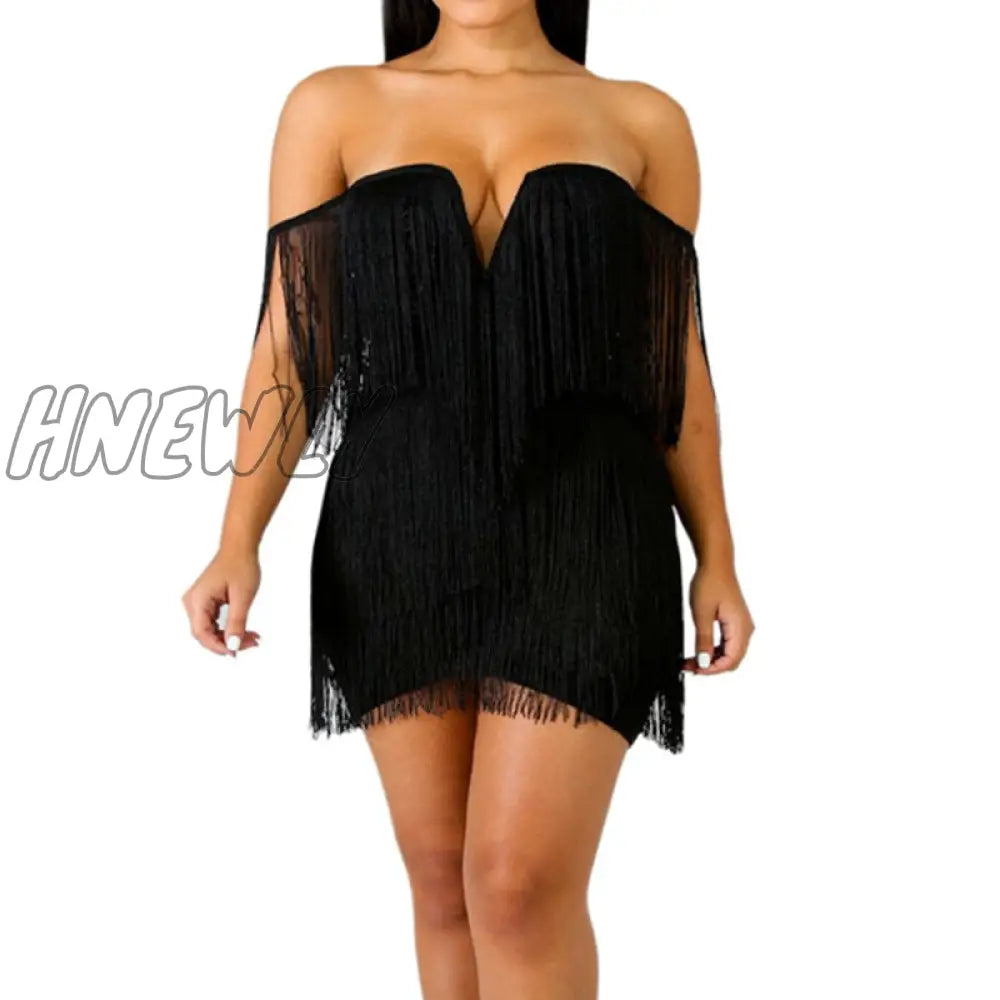 Hnewly Summer Women Bandage Dress Elegant Club Party Sexy V Neck Off Shoulder Tassel Mini Fringe