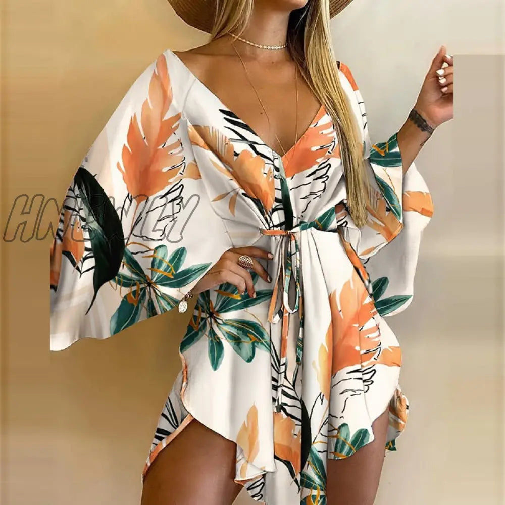 Hnewly Summer Women Elegant Dresses Sexy V Neck Lace-Up Floral Print Mini Dress Casual Flared