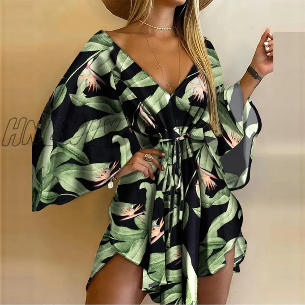 Hnewly Summer Women Elegant Dresses Sexy V Neck Lace-Up Floral Print Mini Dress Casual Flared