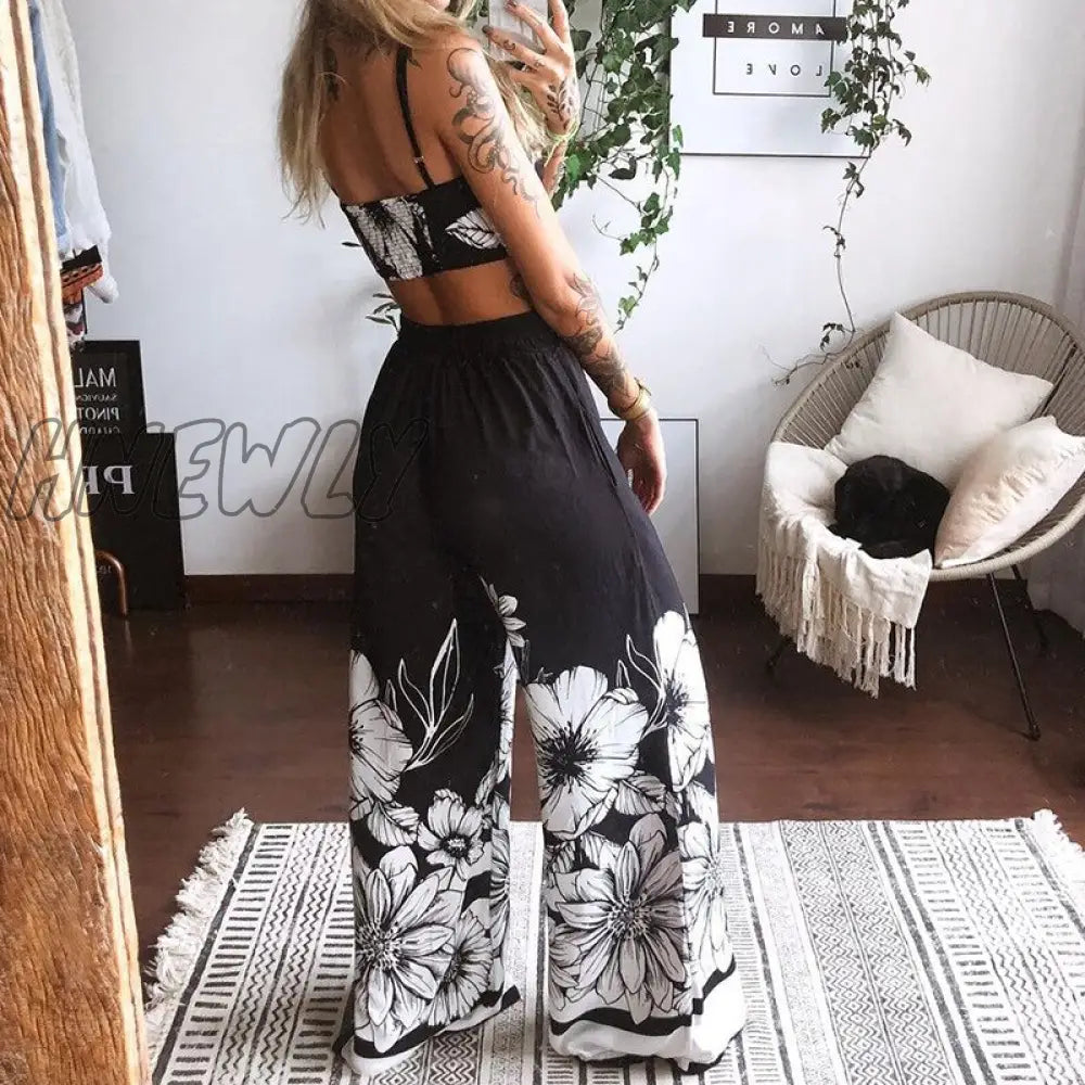 Hnewly Summer Women Fashion 2 Pieces Set Tracksuit Boho Print Sexy Sleeveless Crop Top Loose Wide