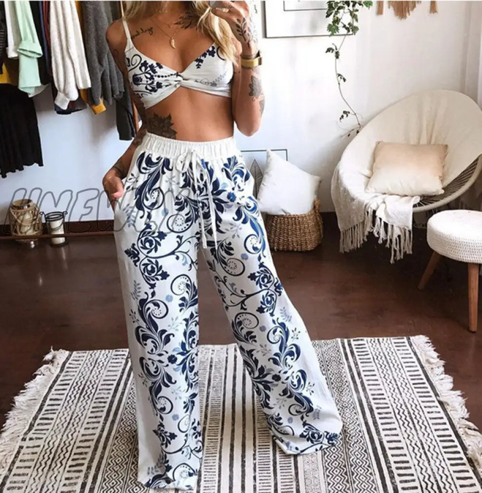 Hnewly Summer Women Fashion 2 Pieces Set Tracksuit Boho Print Sexy Sleeveless Crop Top Loose Wide