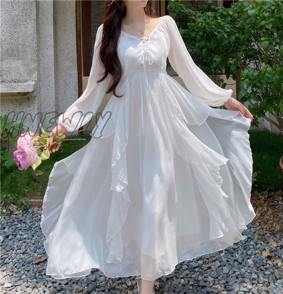 Hnewly Summer Women Maxi Long Sundress Suspenders White Apricot Ruffles Fairy Dress Elegant