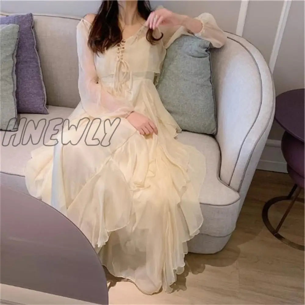 Hnewly Summer Women Maxi Long Sundress Suspenders White Apricot Ruffles Fairy Dress Elegant