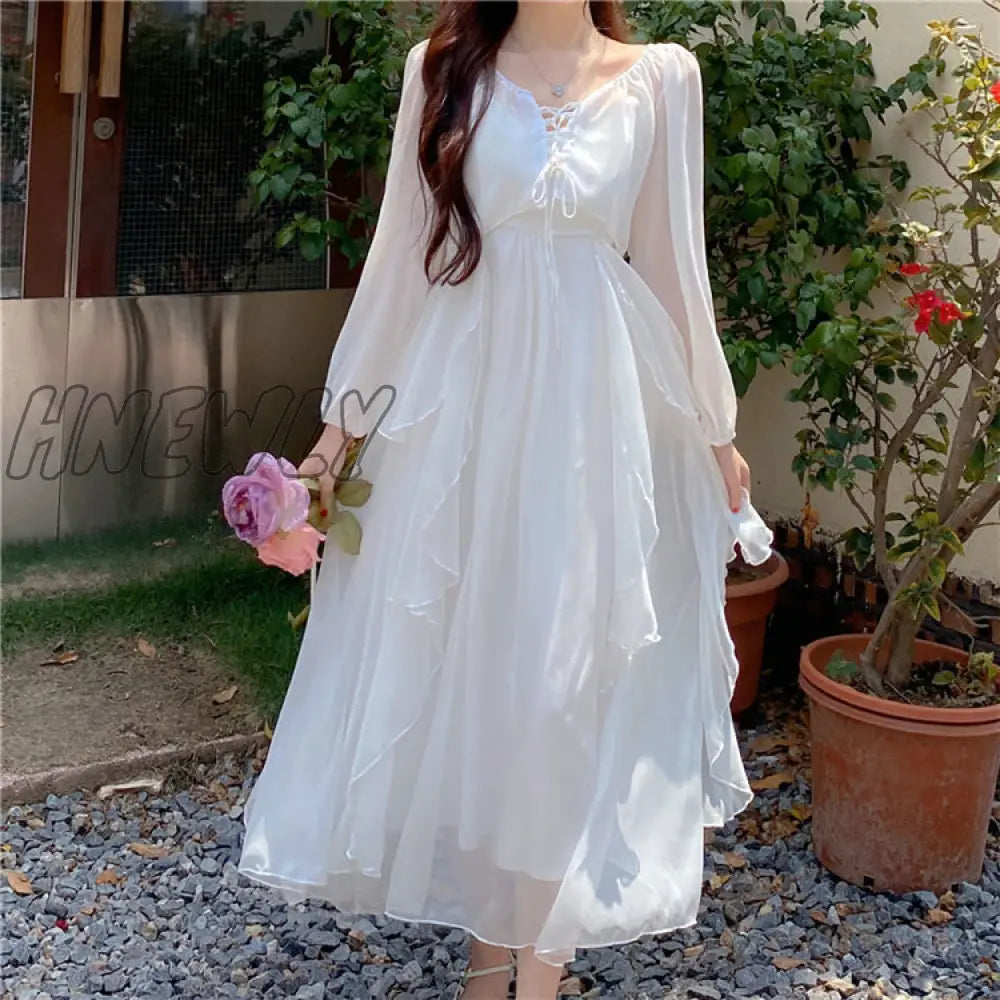 Hnewly Summer Women Maxi Long Sundress Suspenders White Apricot Ruffles Fairy Dress Elegant