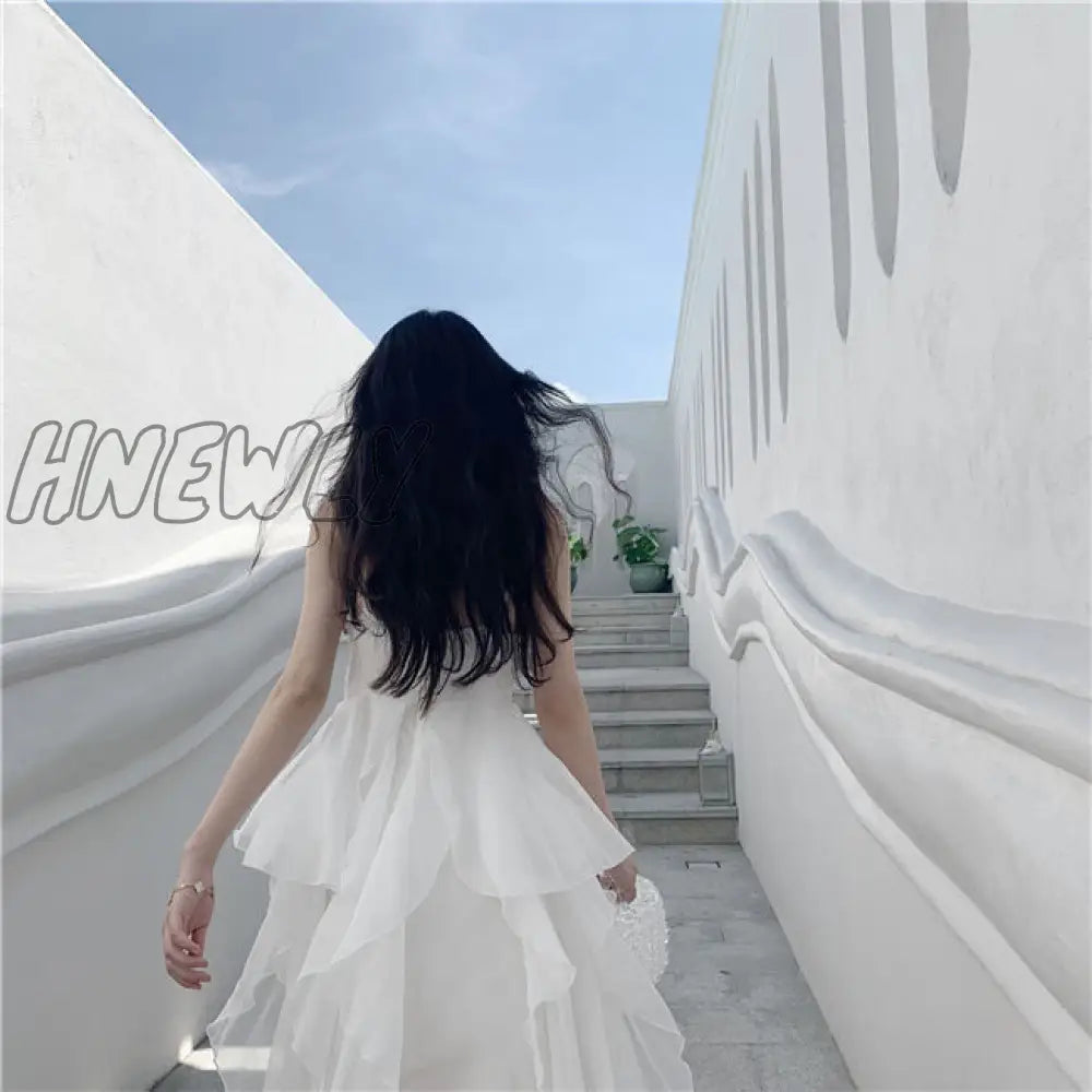 Hnewly Summer Women Maxi Long Sundress Suspenders White Apricot Ruffles Fairy Dress Elegant