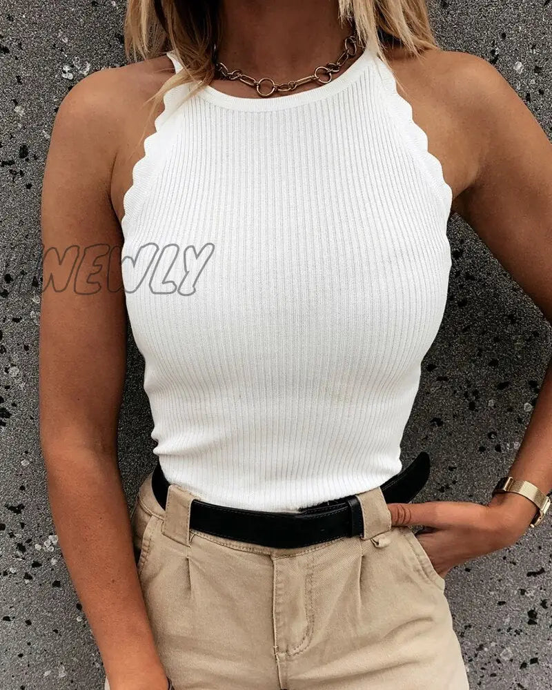 Hnewly Summer Women Ribbed Basic Tank Tops Sexy Crop Vest Solid Harajuku Style Knitted Khaki Sport