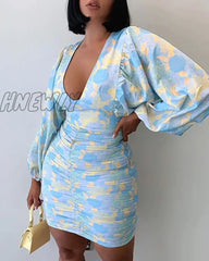 Hnewly Summer Women Ruched Floral Spring Shirring Mini Dress Femme Boho Vetement Office Lady