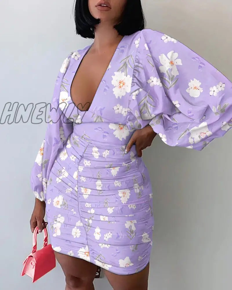 Hnewly Summer Women Ruched Floral Spring Shirring Mini Dress Femme Boho Vetement Office Lady