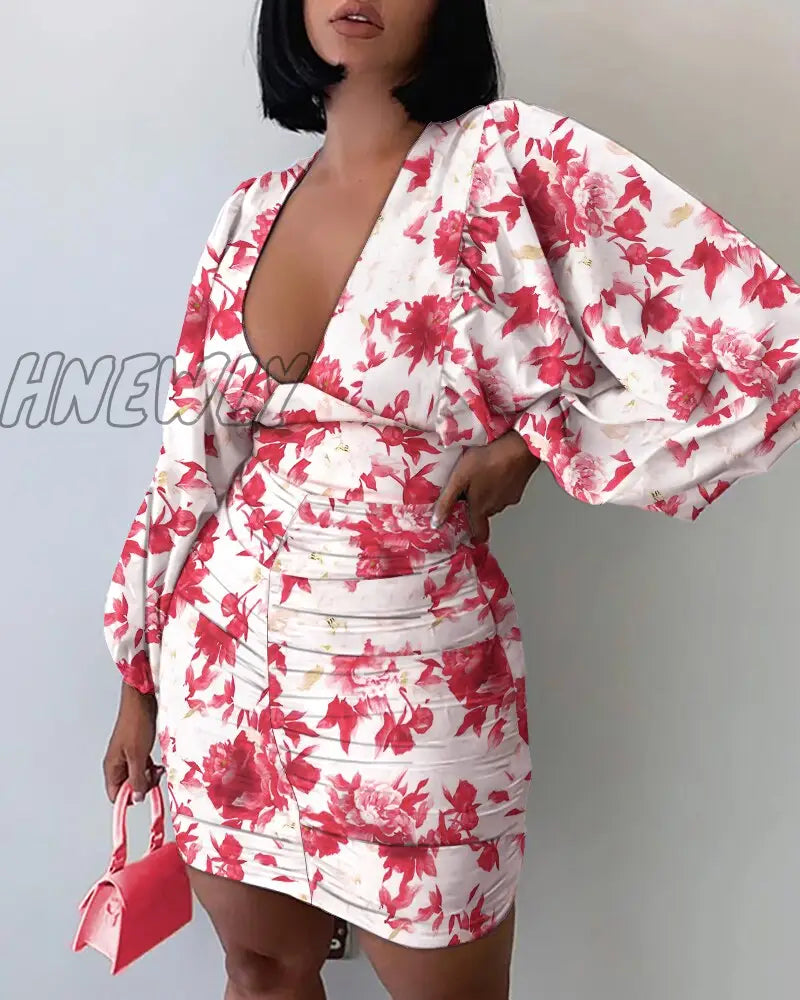 Hnewly Summer Women Ruched Floral Spring Shirring Mini Dress Femme Boho Vetement Office Lady