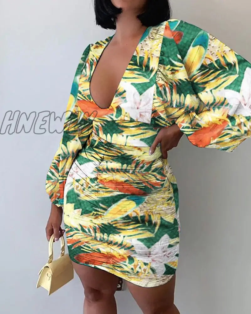 Hnewly Summer Women Ruched Floral Spring Shirring Mini Dress Femme Boho Vetement Office Lady