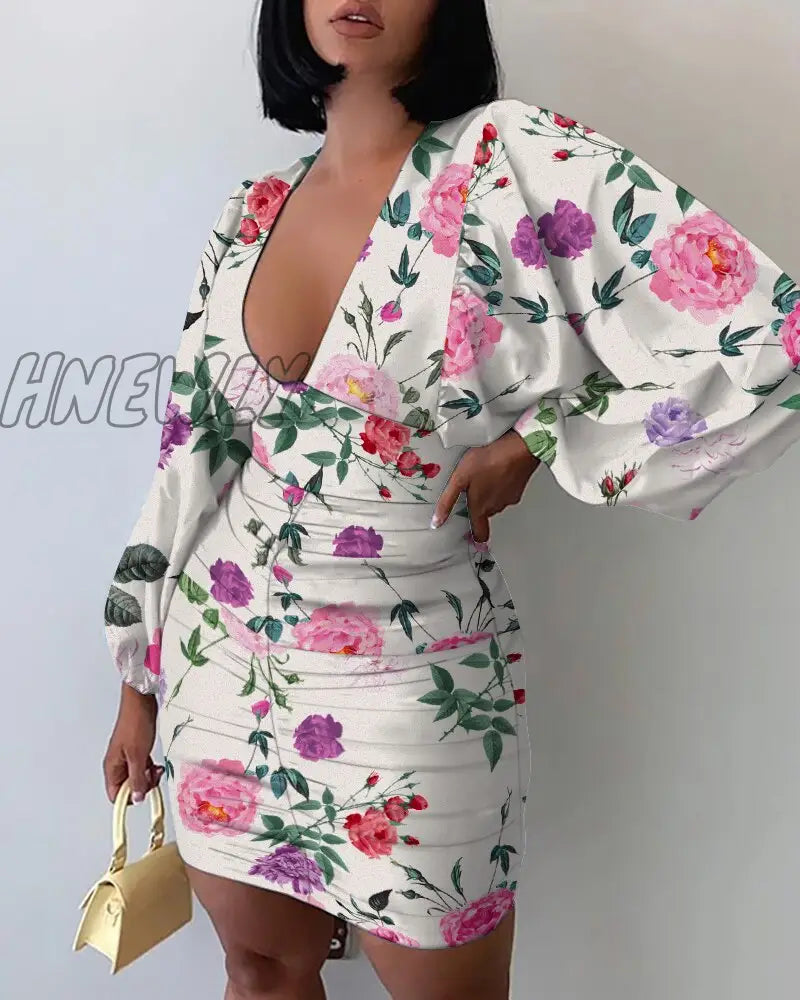 Hnewly Summer Women Ruched Floral Spring Shirring Mini Dress Femme Boho Vetement Office Lady