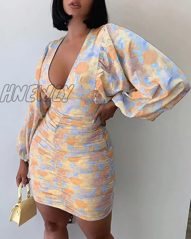 Hnewly Summer Women Ruched Floral Spring Shirring Mini Dress Femme Boho Vetement Office Lady