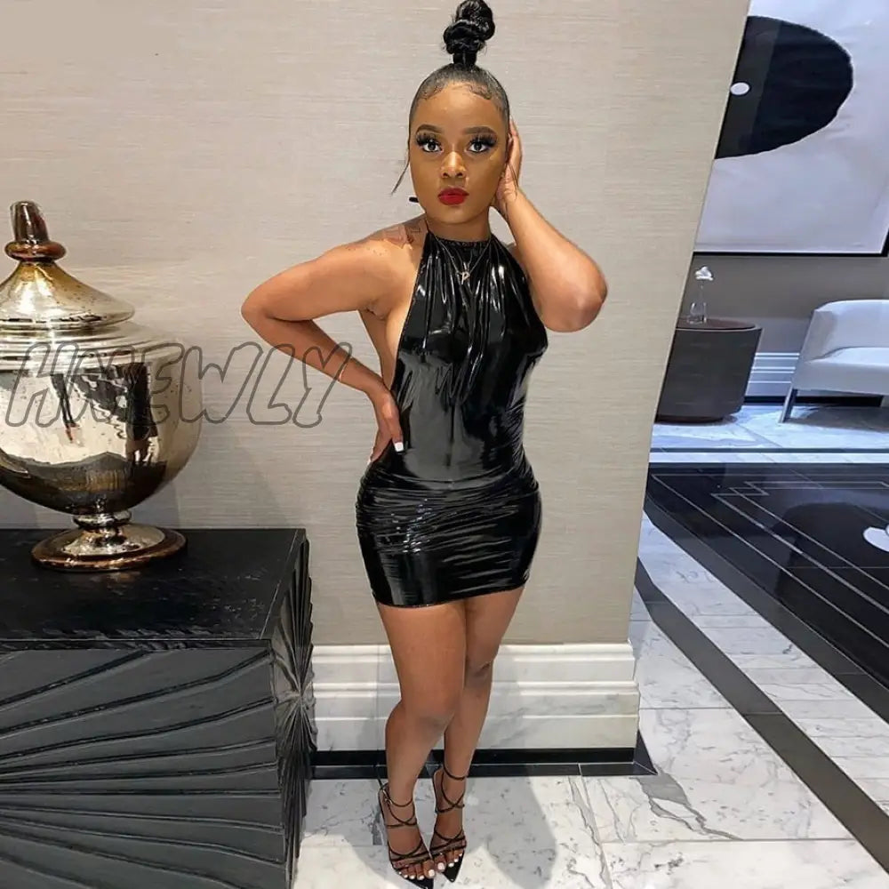 Hnewly Summer Women Sexy Solid Black Pu Leather Sleeveless O Neck Slim Bodycon Dress New Casual
