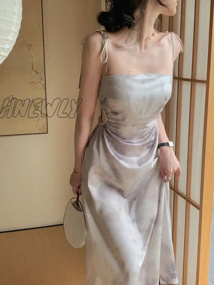 Hnewly Summer Women Spaghetti Strap Elegant Midi Satin Dresses Wedding Evening Birthday Holiday