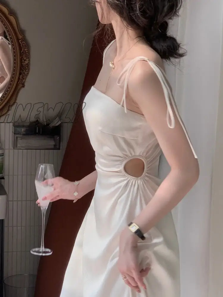 Hnewly Summer Women Spaghetti Strap Elegant Midi Satin Dresses Wedding Evening Birthday Holiday