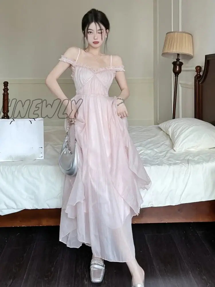 Hnewly Summer Women Sweet Pink Fairy Chiffon Midi Dress Korean Elegant One-Piece A-Line Vestidos