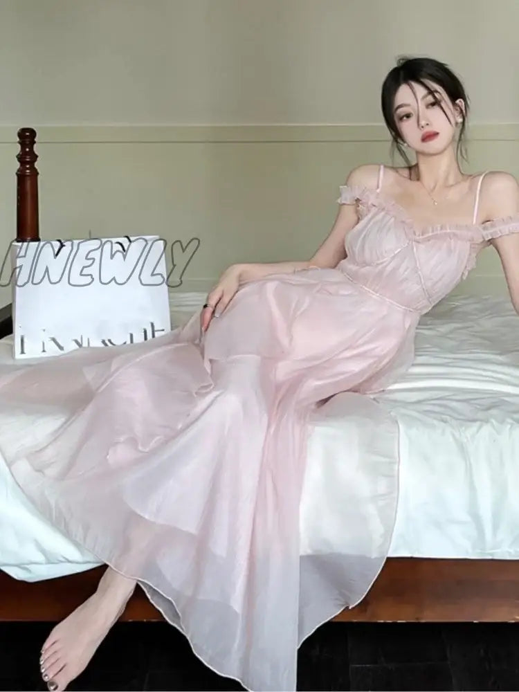 Hnewly Summer Women Sweet Pink Fairy Chiffon Midi Dress Korean Elegant One-Piece A-Line Vestidos