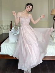 Hnewly Summer Women Sweet Pink Fairy Chiffon Midi Dress Korean Elegant One-Piece A-Line Vestidos