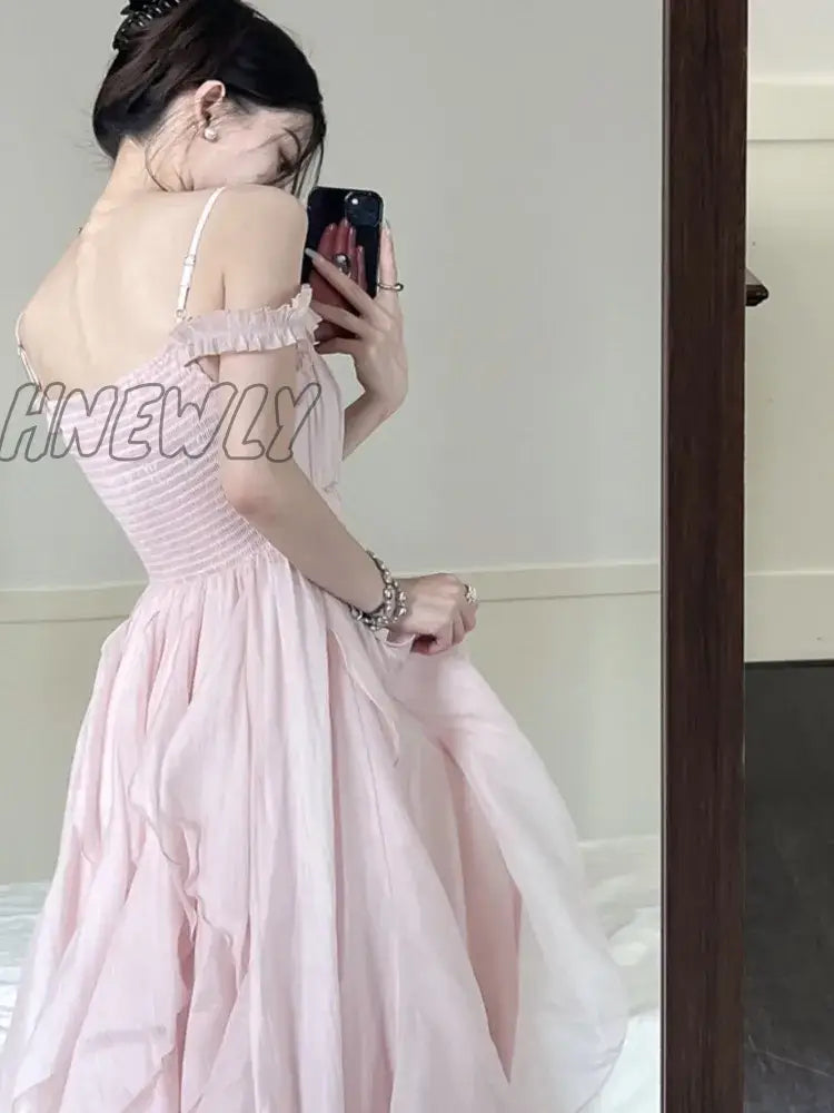 Hnewly Summer Women Sweet Pink Fairy Chiffon Midi Dress Korean Elegant One-Piece A-Line Vestidos