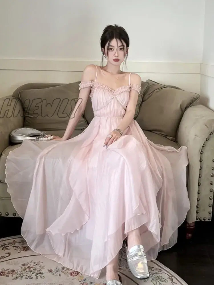 Hnewly Summer Women Sweet Pink Fairy Chiffon Midi Dress Korean Elegant One-Piece A-Line Vestidos