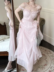 Hnewly Summer Women Sweet Pink Fairy Chiffon Midi Dress Korean Elegant One-Piece A-Line Vestidos