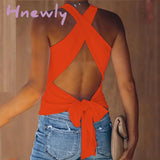 Hnewly Summer Women Tank Top Casual Sleeveless Vest Tops Open Back Knotted Design Backless Bowknot