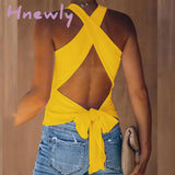 Hnewly Summer Women Tank Top Casual Sleeveless Vest Tops Open Back Knotted Design Backless Bowknot