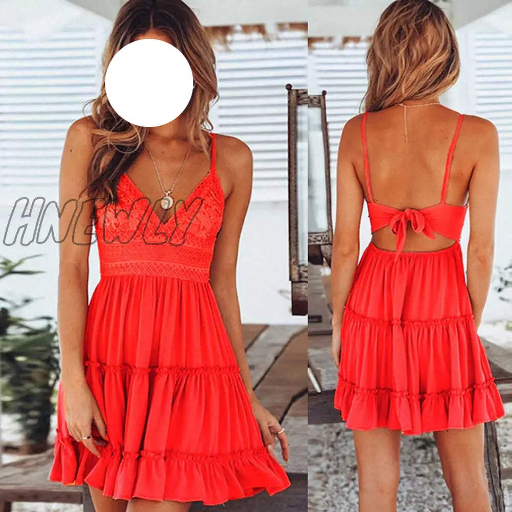 Hnewly Summer Women White Lace Halter Dress Sexy Backless Beach Dresses Fashion Sleeveless