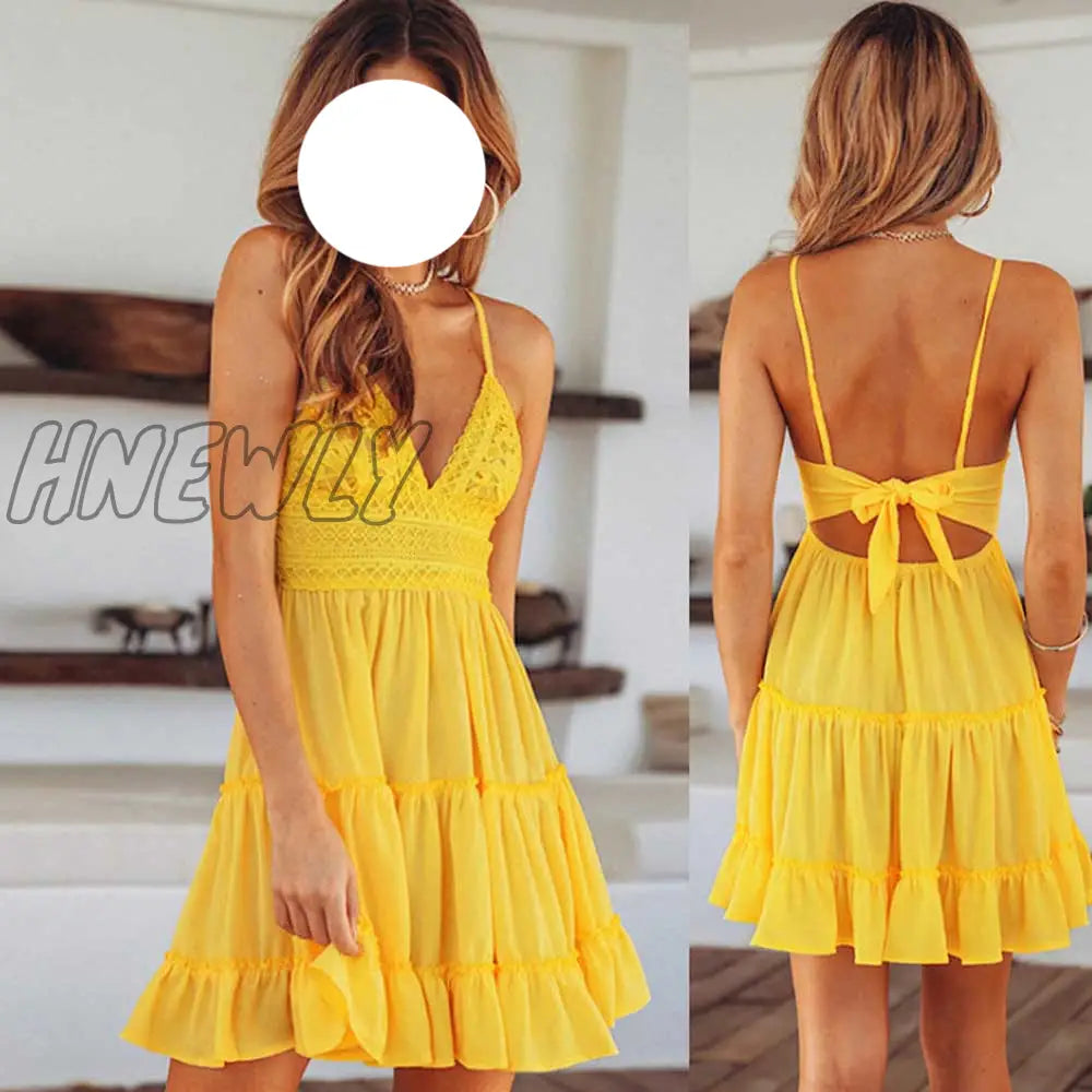 Hnewly Summer Women White Lace Halter Dress Sexy Backless Beach Dresses Fashion Sleeveless